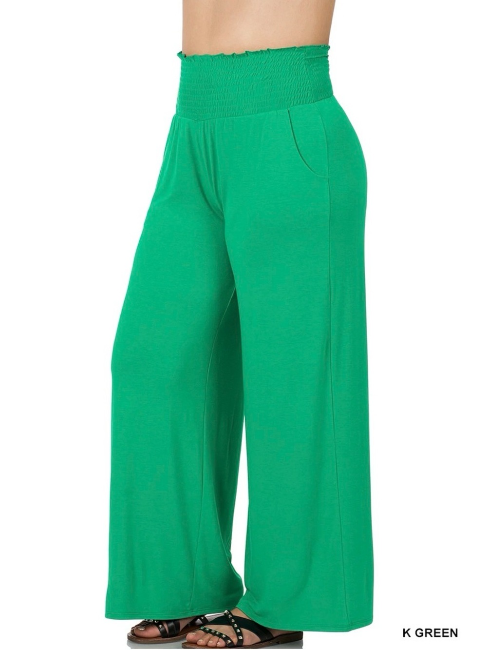 NWOT Zenana Outfitters Green Smocked Waist Wide Leg Pants